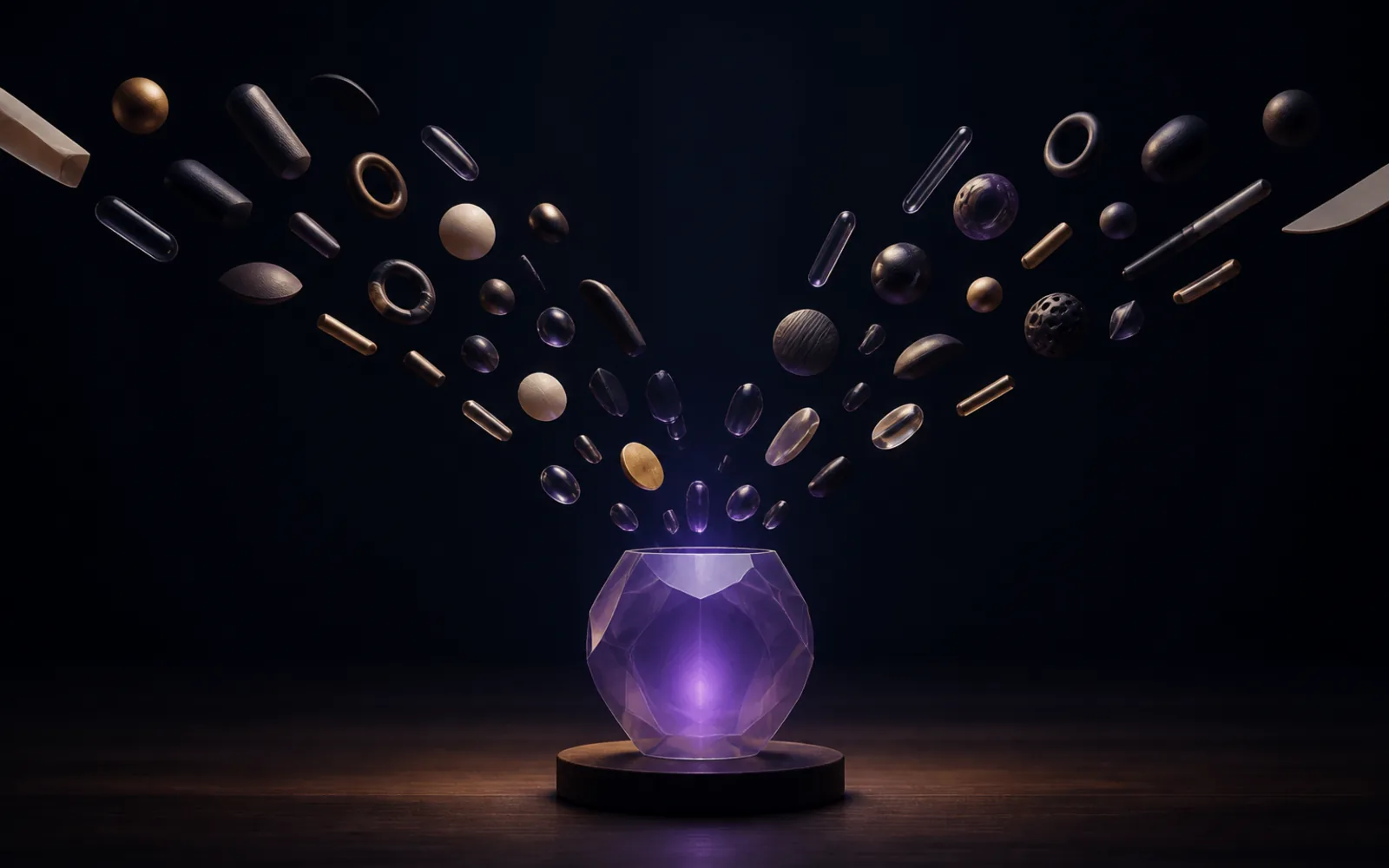 Formas de vidrio, metal y cerámica convergen en un núcleo violeta facetado