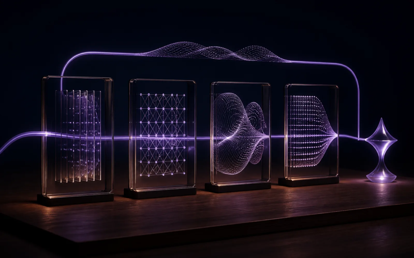 Cuatro módulos translúcidos conectados por un circuito violeta de cálculo y revisión